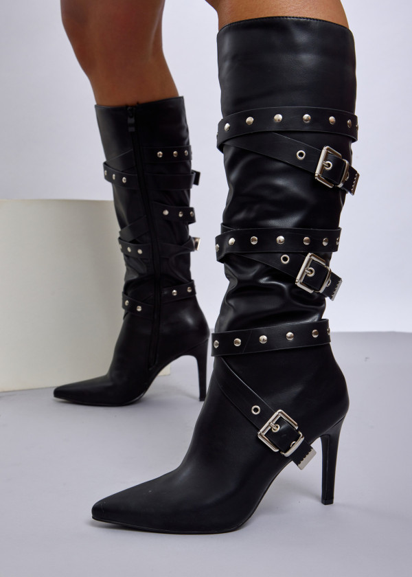 Black strappy buckle knee-high stiletto boots