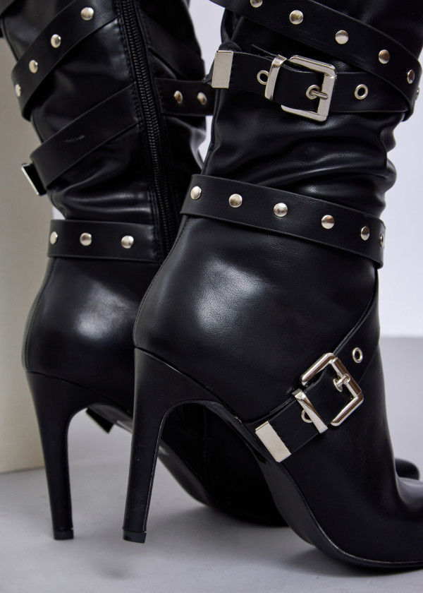 Black strappy buckle knee-high stiletto boots 1