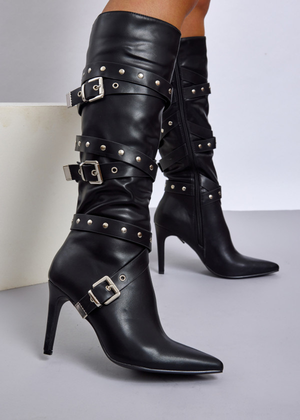 Black strappy buckle knee-high stiletto boots 2