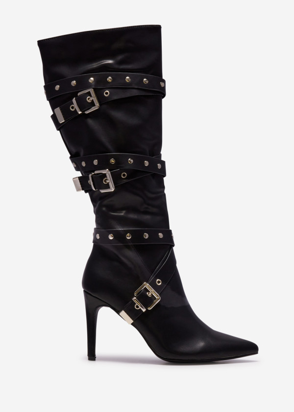 Black strappy buckle knee-high stiletto boots 3