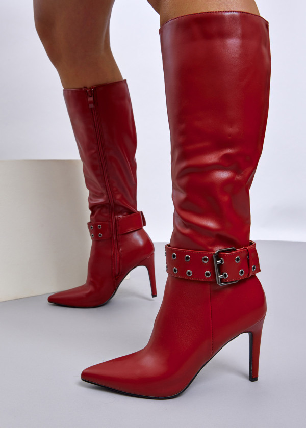 Red Buckle Detail Knee-High Stiletto Boots