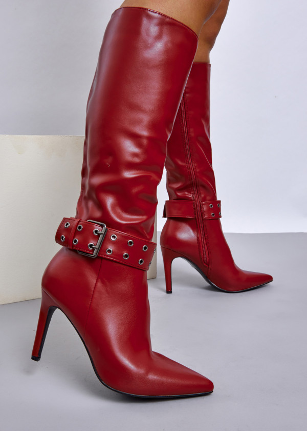 Red Buckle Detail Knee-High Stiletto Boots 1