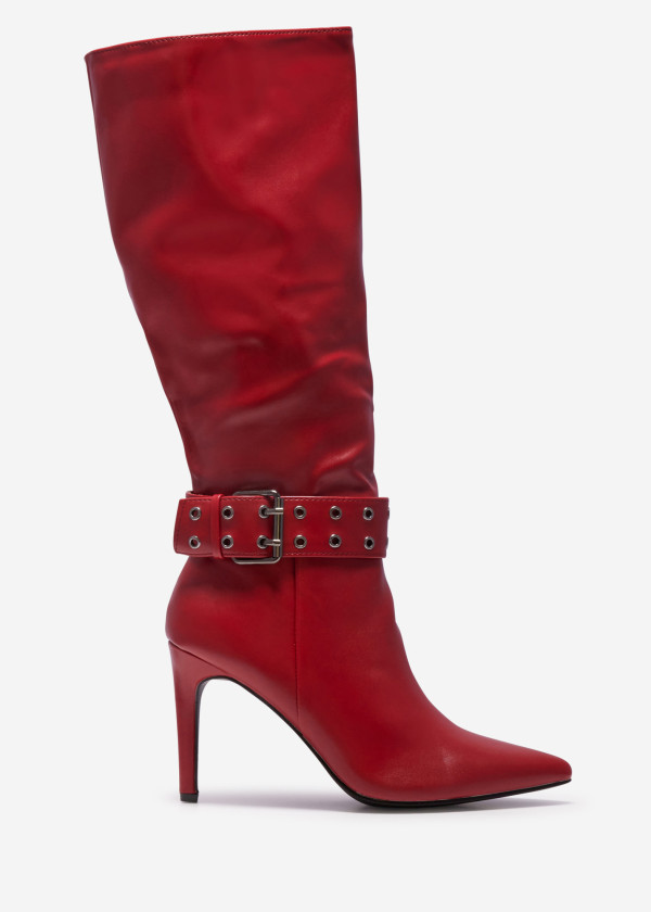 Red Buckle Detail Knee-High Stiletto Boots 3