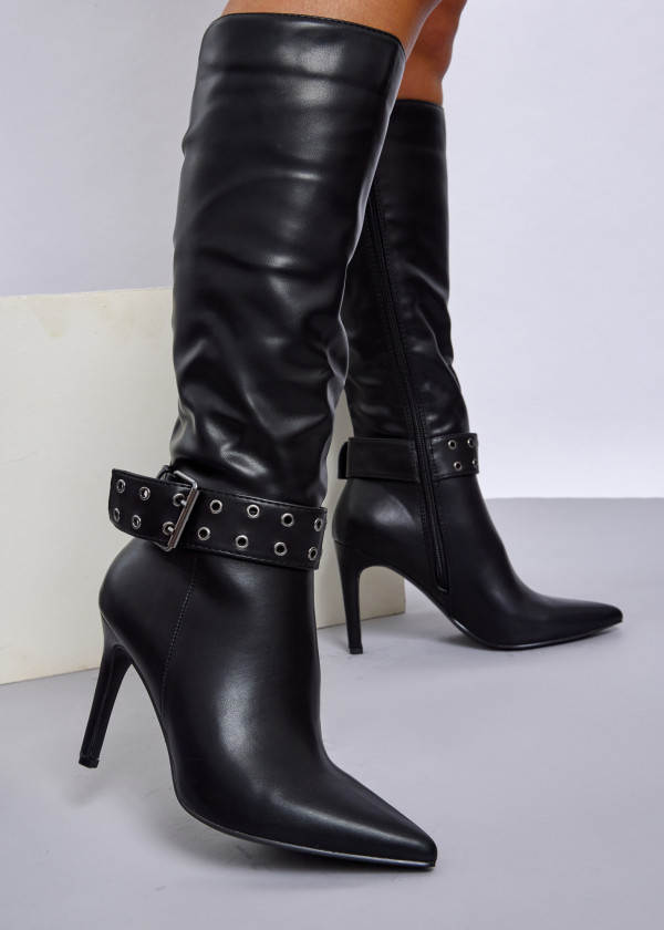 Black Buckle Detail Knee-High Stiletto Boots 1