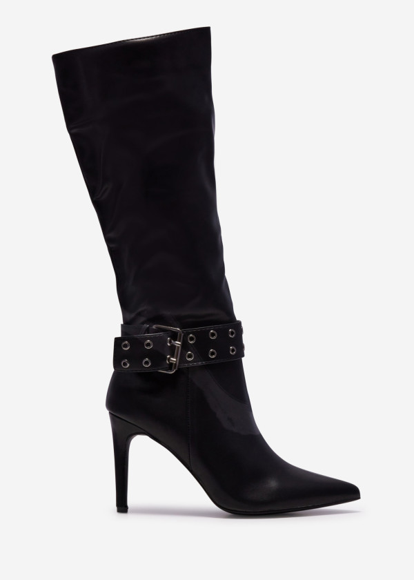 Black Buckle Detail Knee-High Stiletto Boots 3