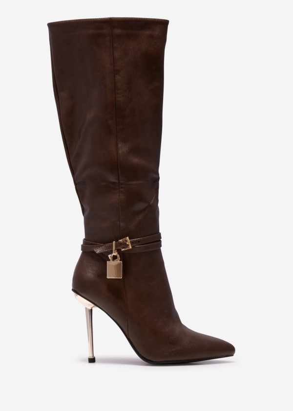 Brown pointed toe knee-high boot with padlock 3