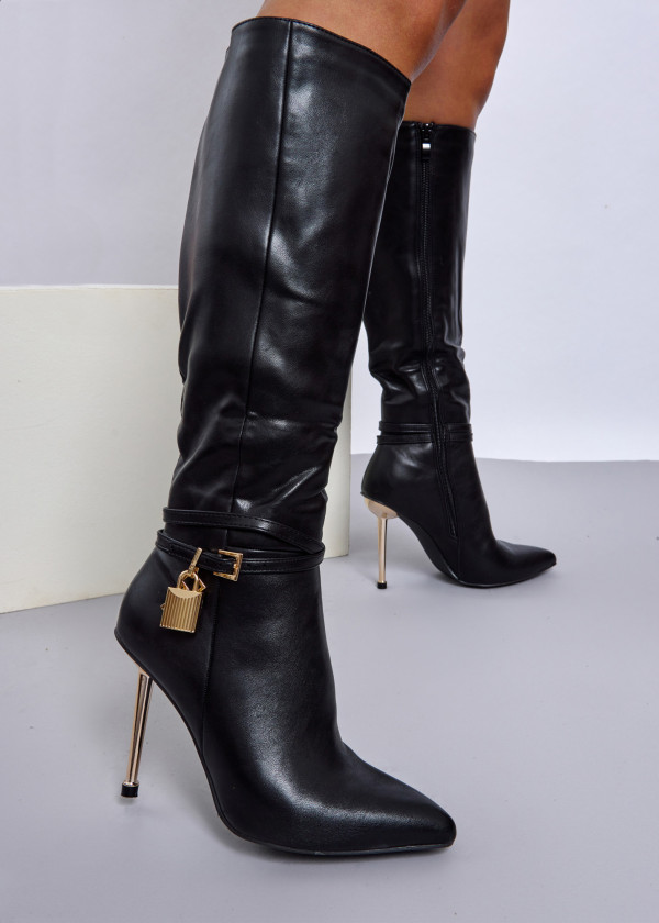 Black pointed toe knee-high boot with padlock 1