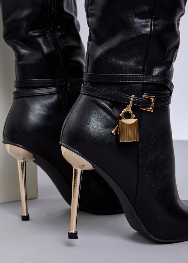 Black pointed toe knee-high boot with padlock 2