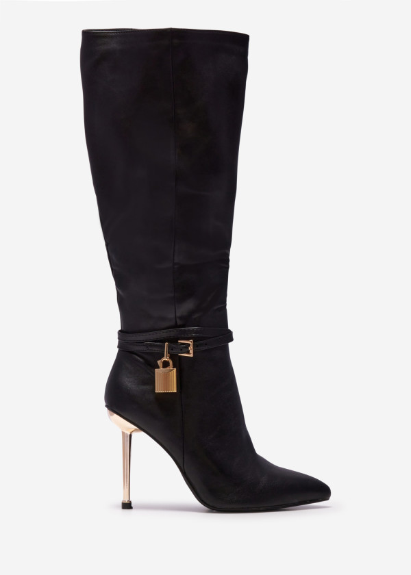 Black pointed toe knee-high boot with padlock 3