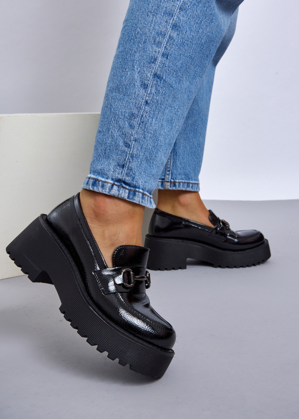 Black chunky patent loafer with snaffle bar