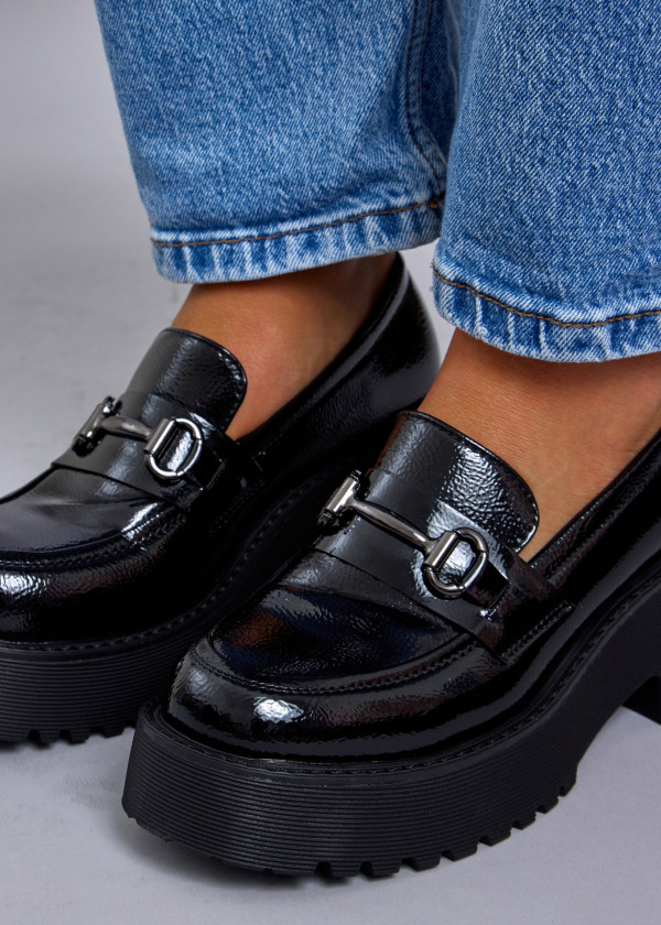 Black chunky patent loafer with snaffle bar 1