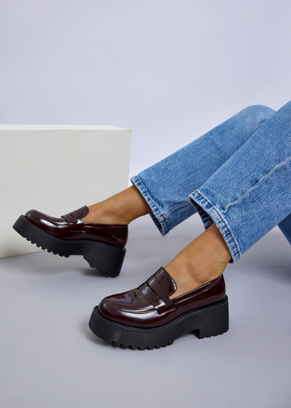 Wine chunky patent penny loafer 1