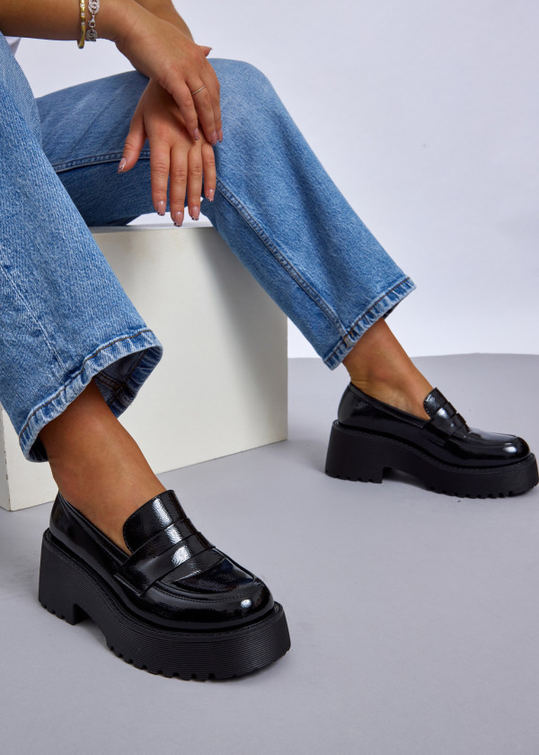 Black chunky patent penny loafer