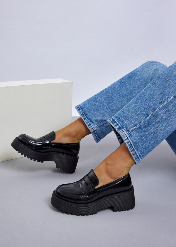 Black chunky patent penny loafer 1