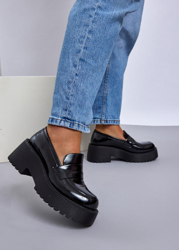 Black chunky patent penny loafer 2