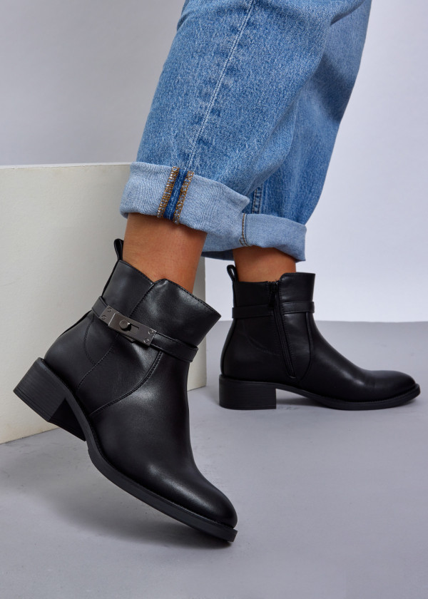 Black Ankle Buckle Strap Low Heel Boots 4