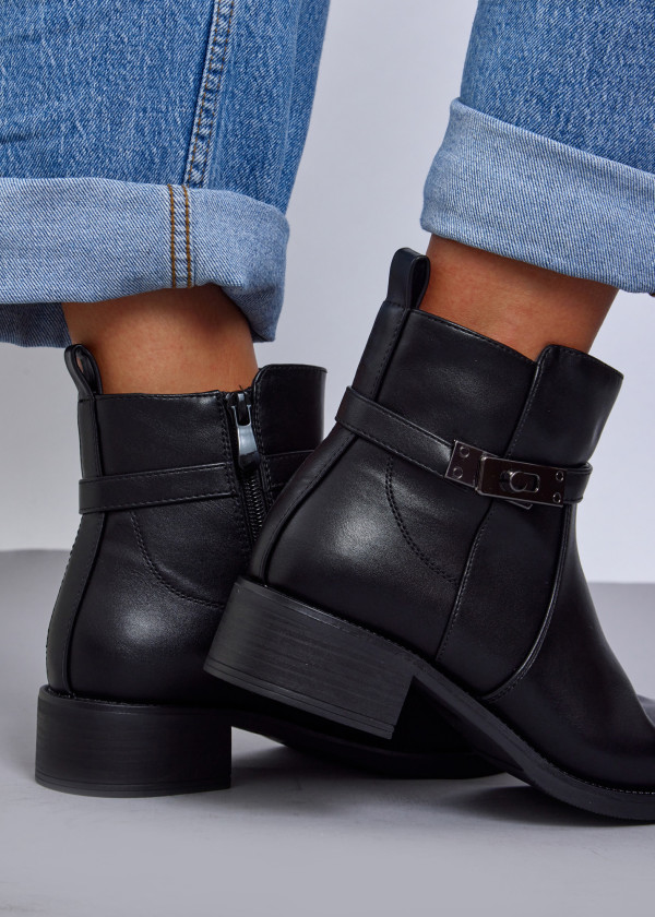 Black Ankle Buckle Strap Low Heel Boots 2