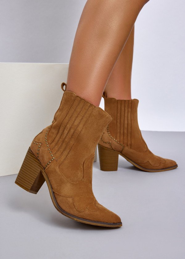 Tan Studded Block Heel Western Ankle Boots 1