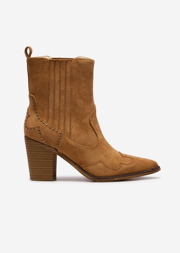 Tan Studded Block Heel Western Ankle Boots 3