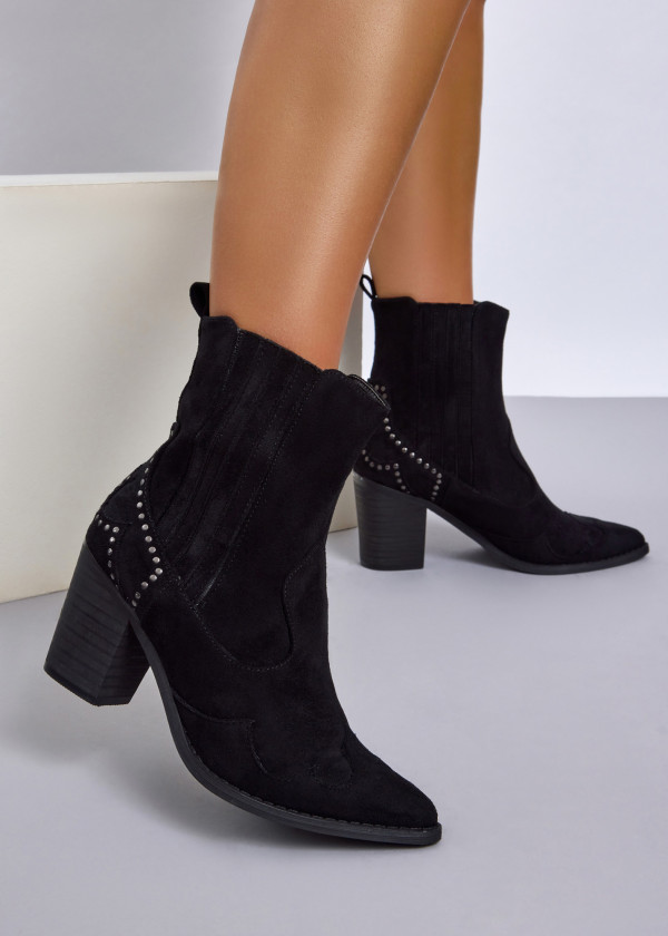 Black Studded Block Heel Western Ankle Boots