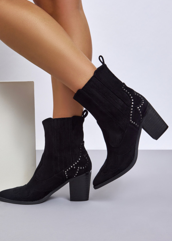 Black Studded Block Heel Western Ankle Boots 1