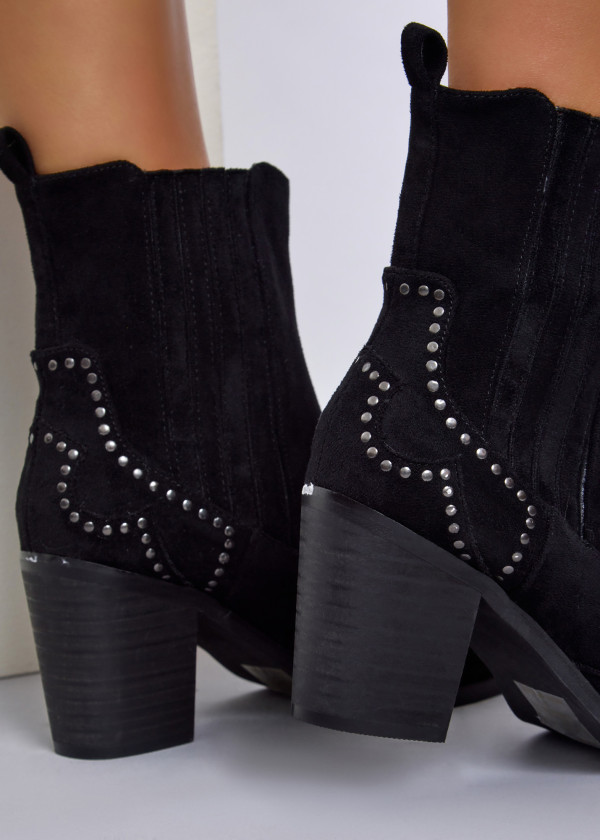 Black Studded Block Heel Western Ankle Boots 2