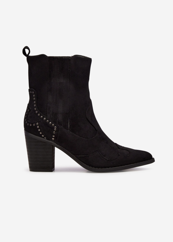 Black Studded Block Heel Western Ankle Boots 3