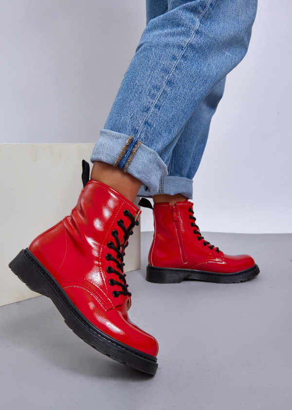 Red patent lace up ankle boots 1