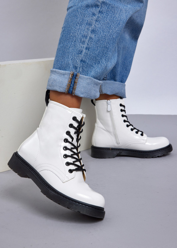 White patent lace up ankle boots