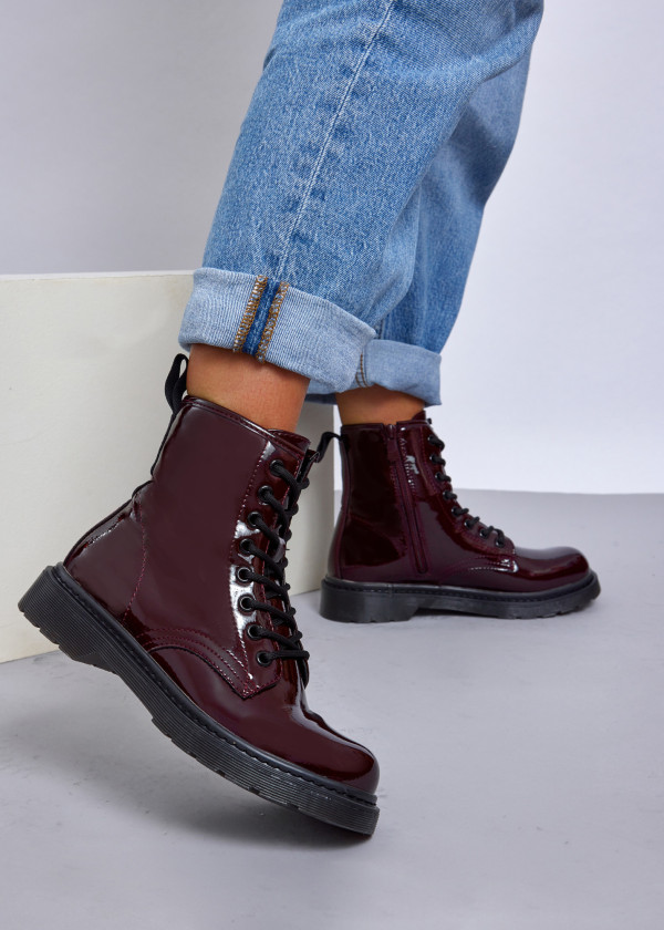 Wine patent lace up ankle boots