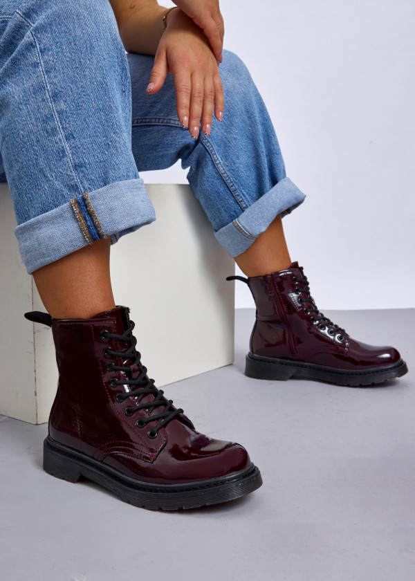 Wine patent lace up ankle boots 1