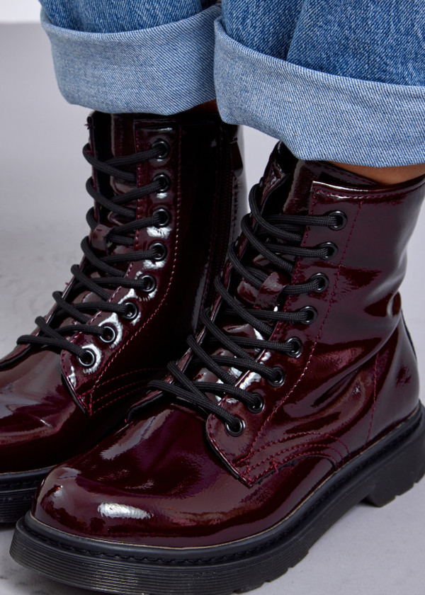 Wine patent lace up ankle boots 2