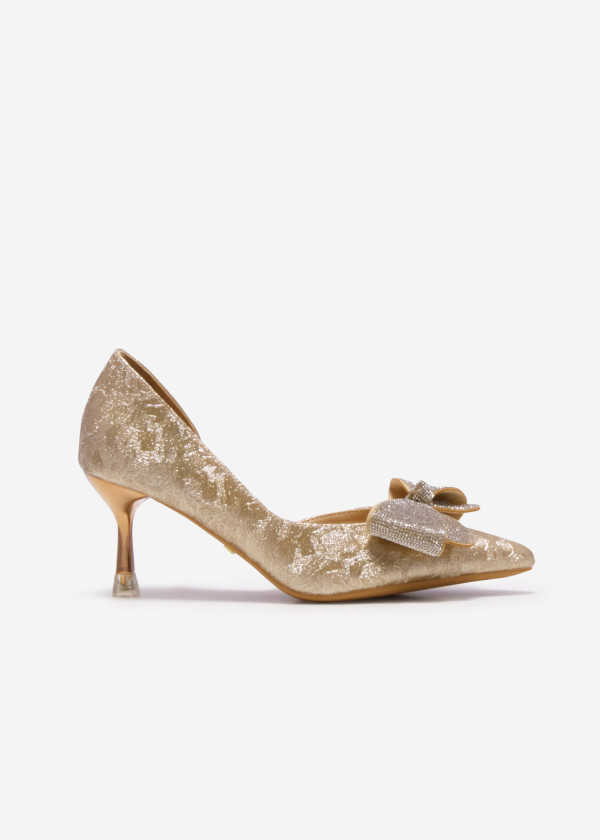 Gold Bow-Accent Kitten Heel Pumps 3