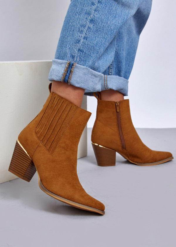 Tan Faux Suede Western Block Heel Boots