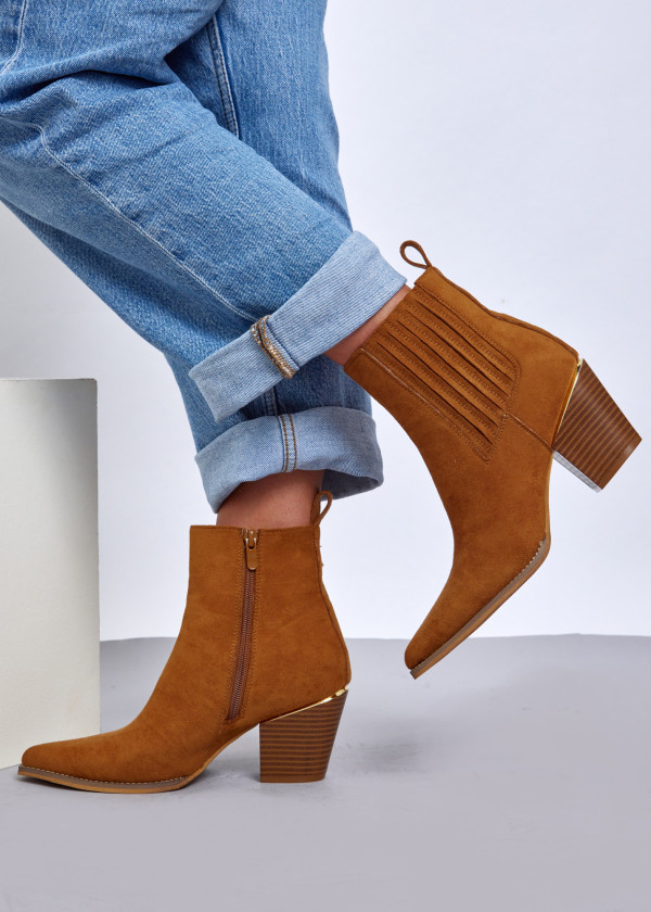 Tan Faux Suede Western Block Heel Boots 1