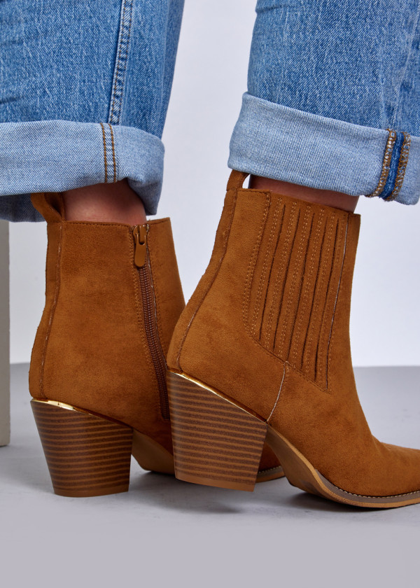 Tan Faux Suede Western Block Heel Boots 2