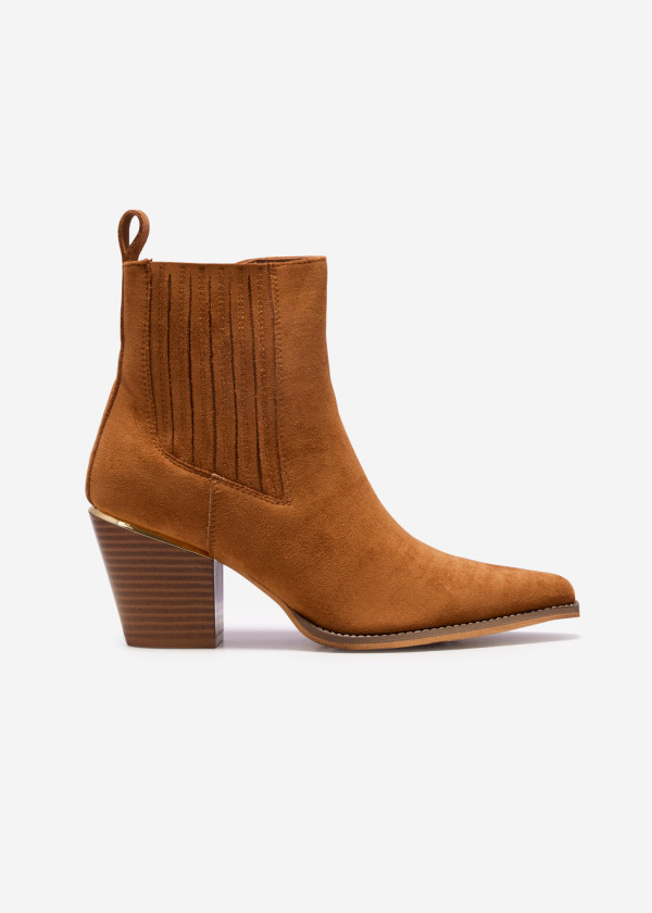 Tan Faux Suede Western Block Heel Boots 3