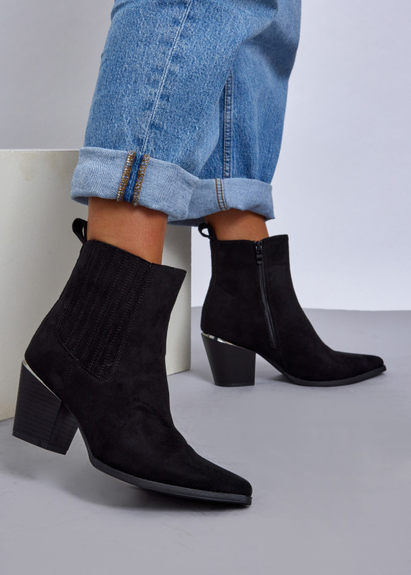 Black Faux Suede Western Block Heel Boots 4