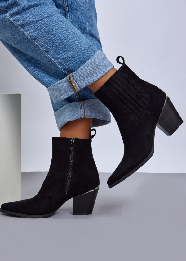 Black Faux Suede Western Block Heel Boots 1