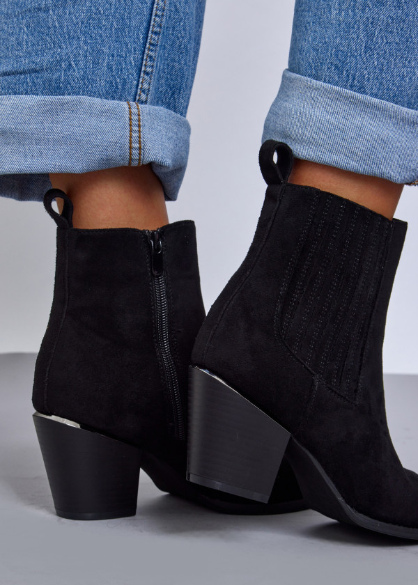 Black Faux Suede Western Block Heel Boots 2