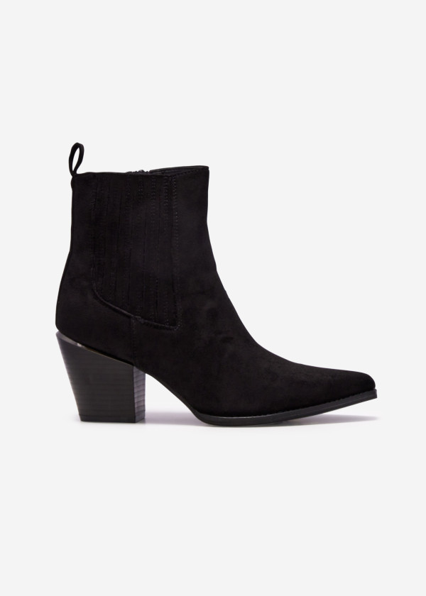 Black Faux Suede Western Block Heel Boots 3