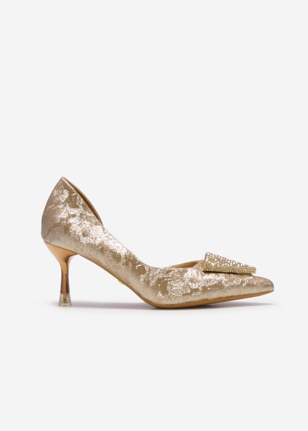 Gold Rhinestone Embellished Kitten Heel Pumps 3