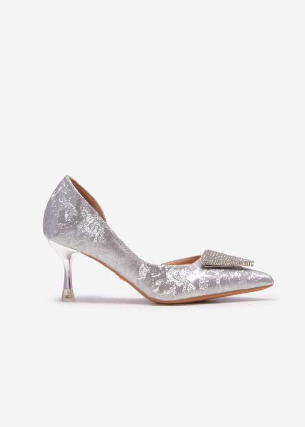 Silver Rhinestone Embellished Kitten Heel Pumps 3