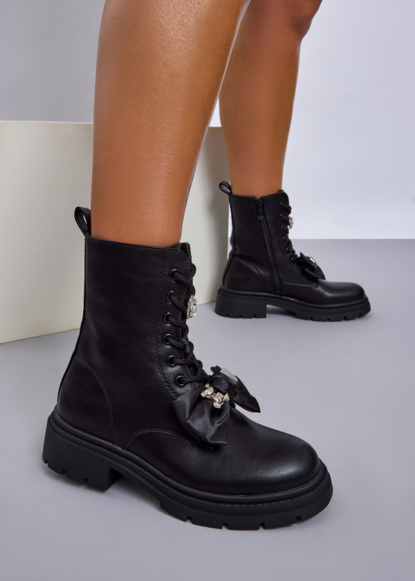 Black Combat Boots with Satin Bow & Embellished Details 4