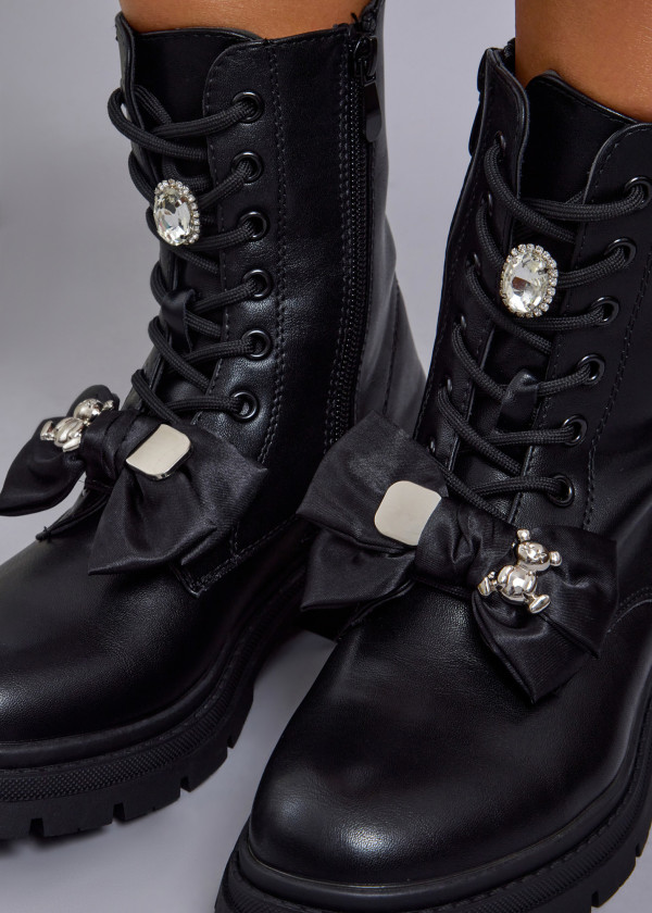 Black Combat Boots with Satin Bow & Embellished Details 1