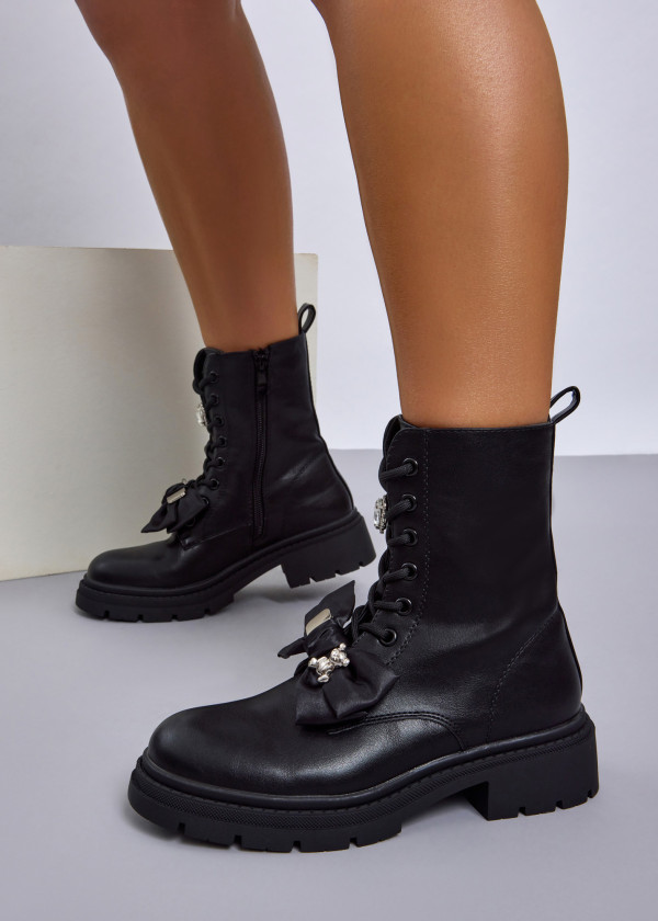 Black Combat Boots with Satin Bow & Embellished Details 2