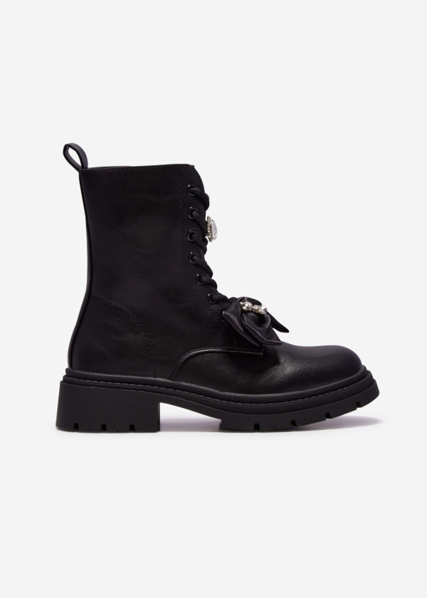 Black Combat Boots with Satin Bow & Embellished Details 3