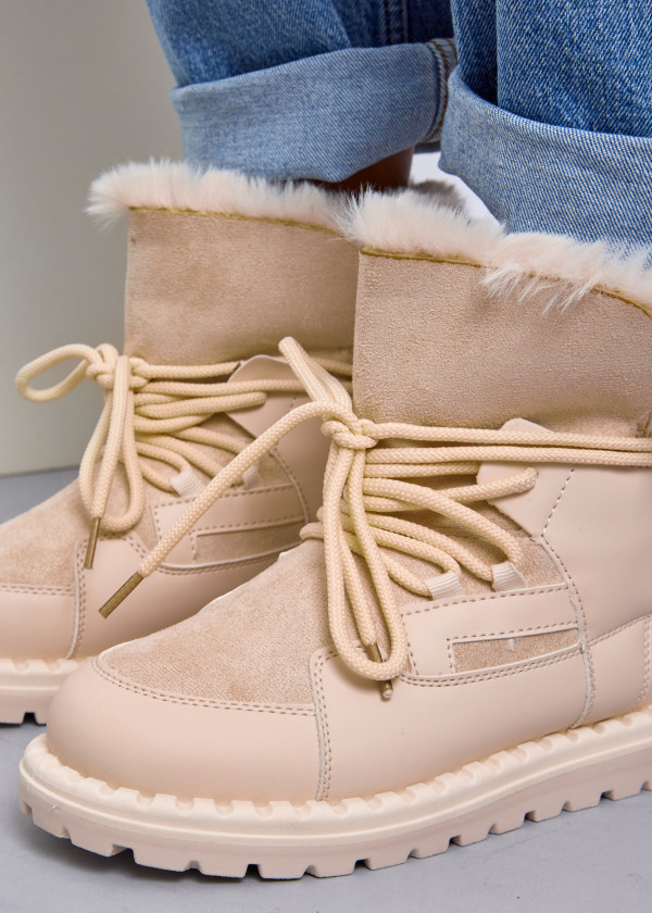 Beige Cozy Winter Lace-Up Boots with Faux Fur Trim 2