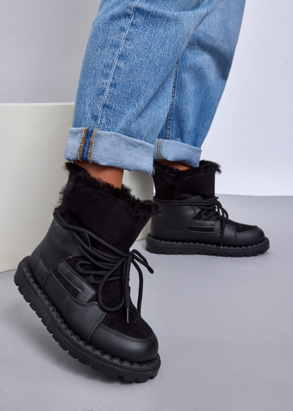 Black Cozy Winter Lace-Up Boots with Faux Fur Trim