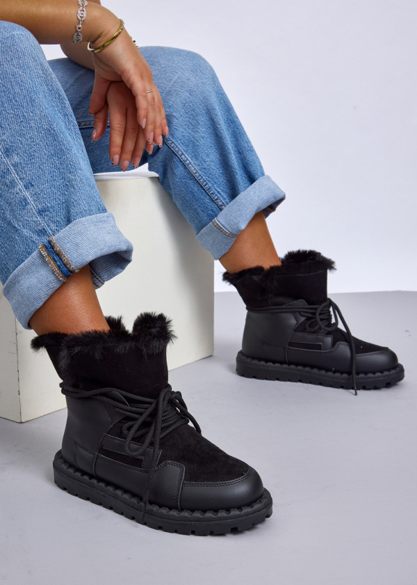 Black Cozy Winter Lace-Up Boots with Faux Fur Trim 2